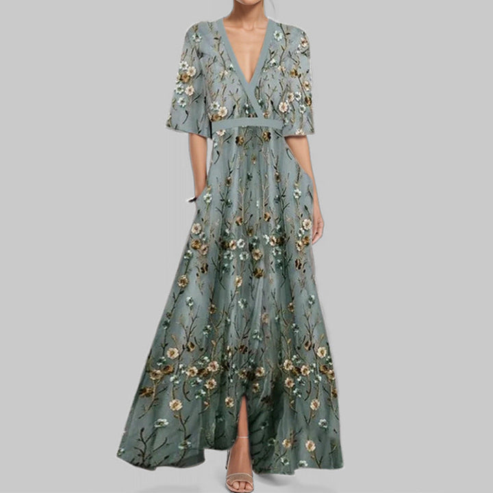 Drune | Elegantes V-Ausschnitt bedrucktes Taillenkleid mit Schößchen