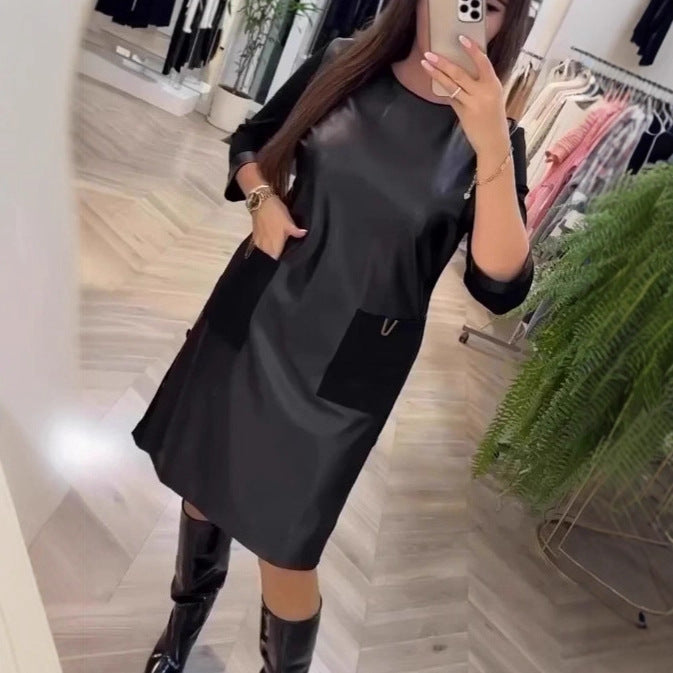 Damen Elegantes Lederkleid mit praktischen Reißverschlusstaschen Drune