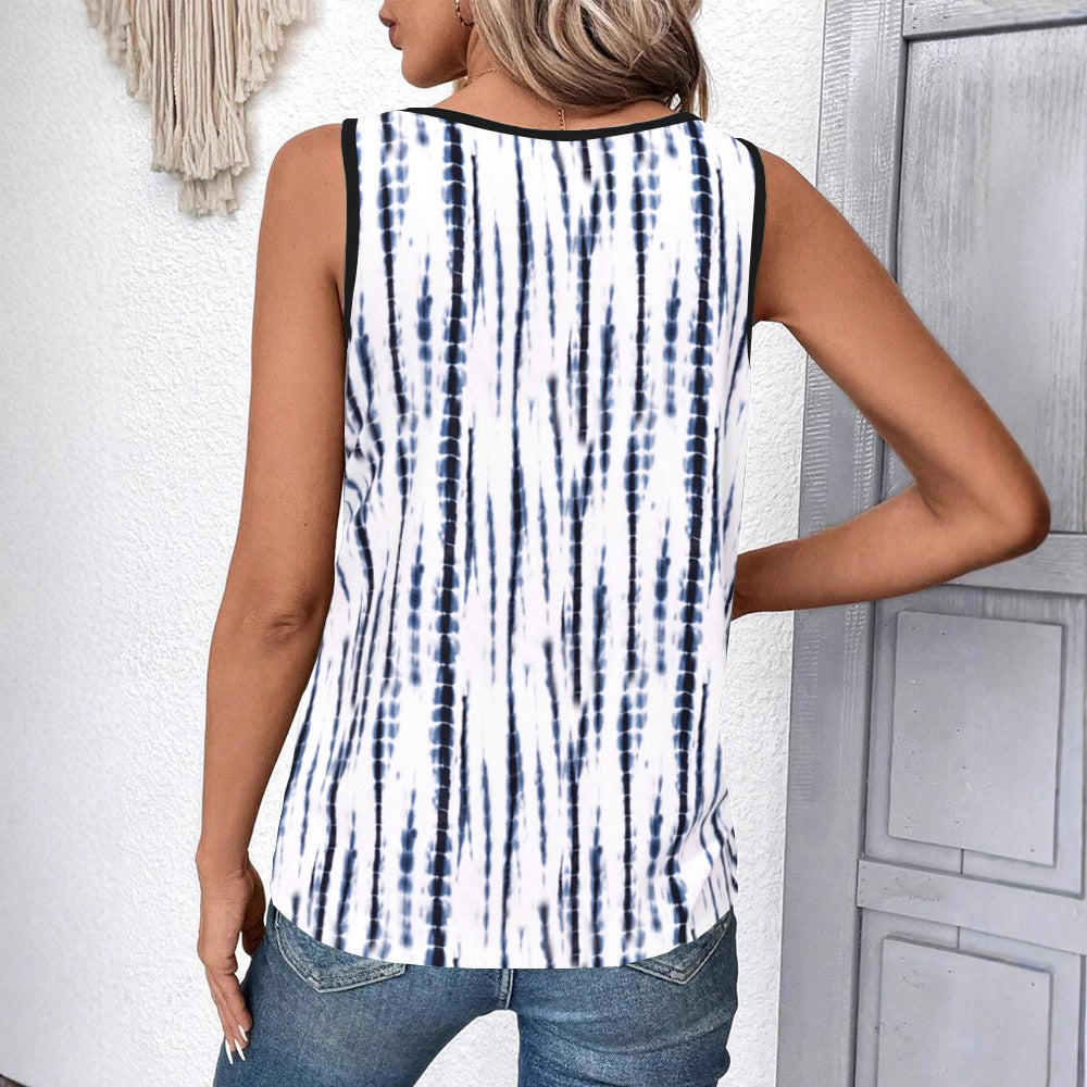 Damen nan ärmelloses V-Ausschnitt-Top mit feinem Spitzenbesatz, vertikalem Batikprint und lockerer Passform Drune