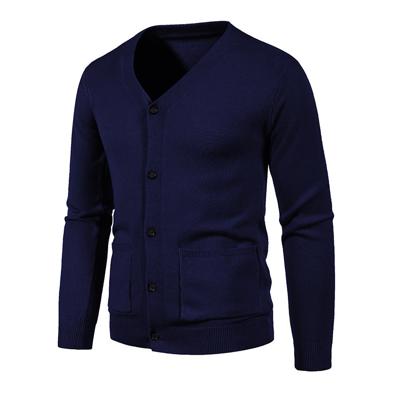 Herren nan schlanker Feinstrick-Cardigan mit V-Ausschnitt, Knopfleiste und aufgesetzten Taschen Drune
