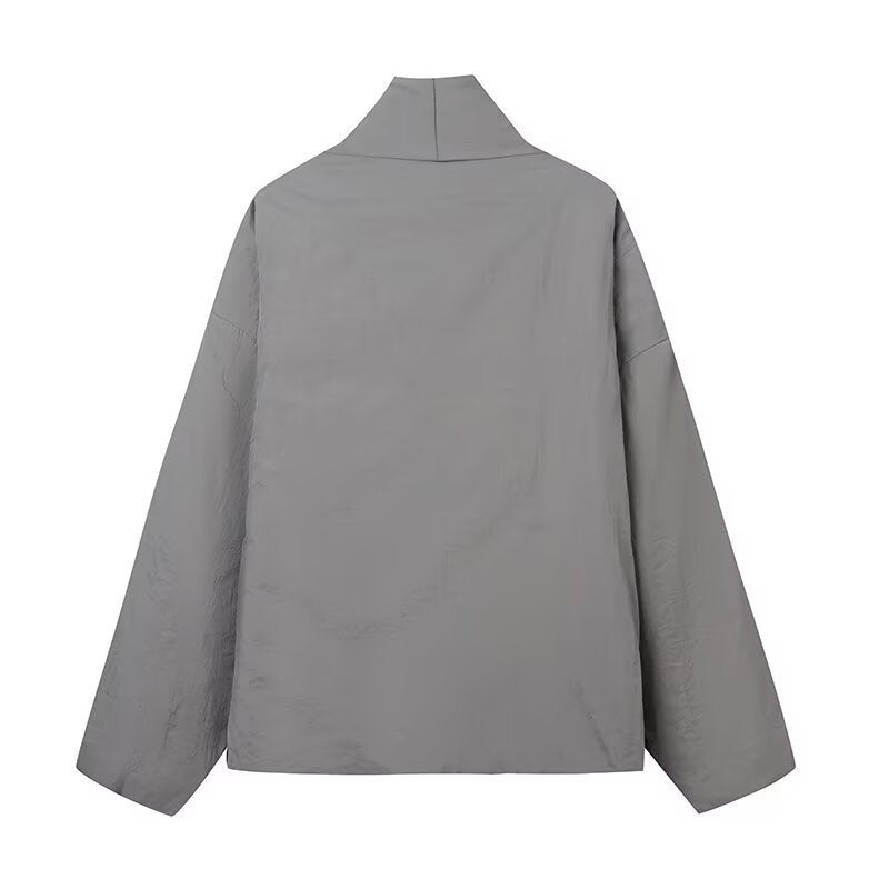 Damen modulare Wickeljacke mit taillierbarem Design und hohem Kragen Drune
