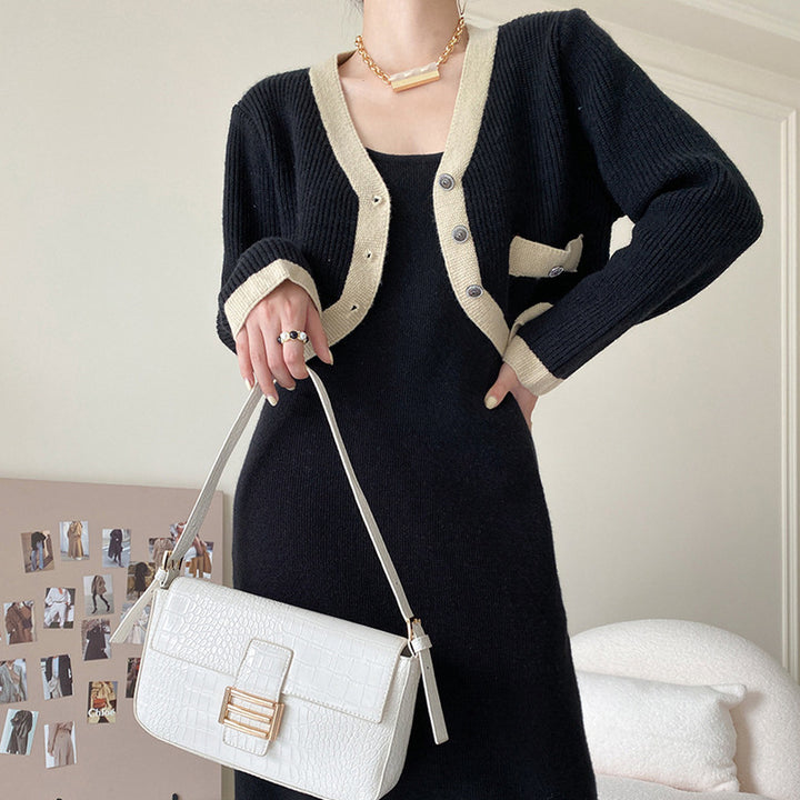 Damen modische Strickjacke mit Kontrastdetails und Taschen Drune