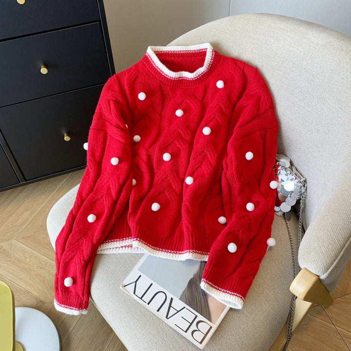 Damen Strickpullover mit doppelter Zopftextur und dekorativen Pompons Drune