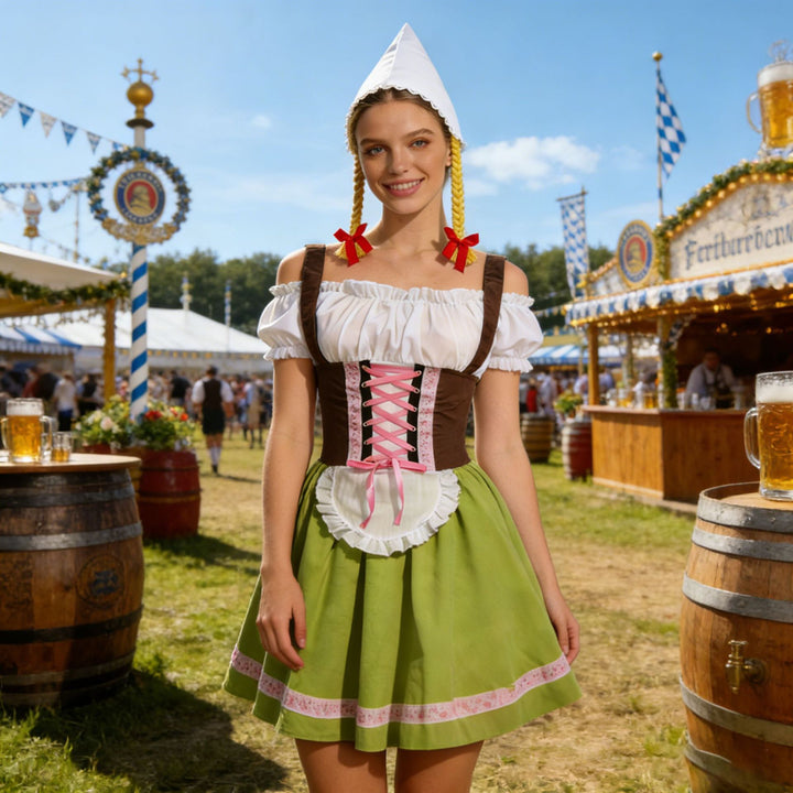 Damen nan traditionelles Dirndl-Kostüm mit Schnürung, Schürze und spitzem Kopftuch Drune