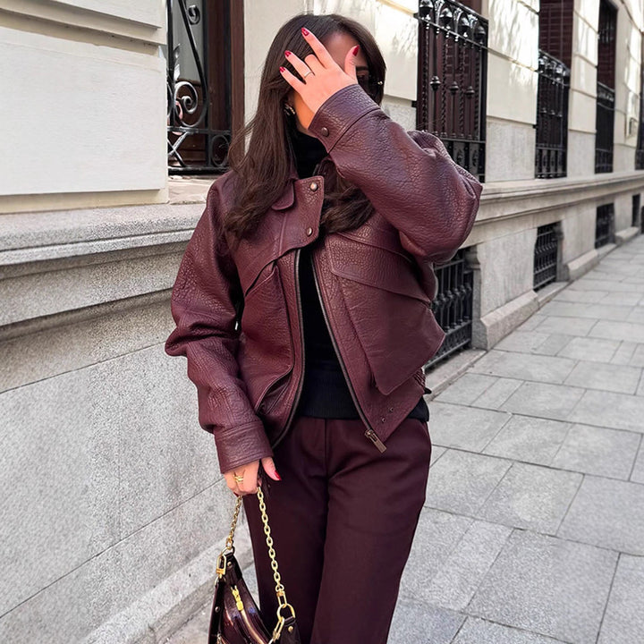 Damen Kunstlederjacke mit modischem Schnitt und praktischen Taschen Drune