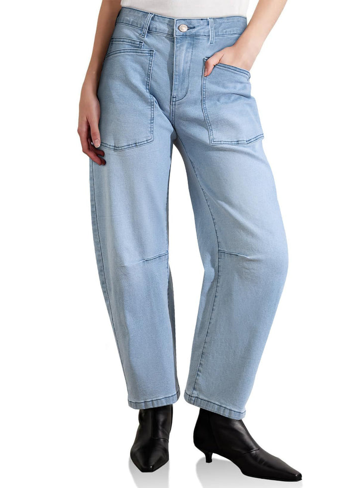 Damen halbhohe Denim-Hose mit einzigartigen aufgesetzten Taschen Drune