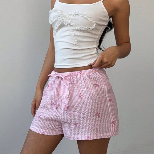 Damen kurze Schlafshorts mit niedlichem Streifenmuster und dekorativer Stickerei Drune
