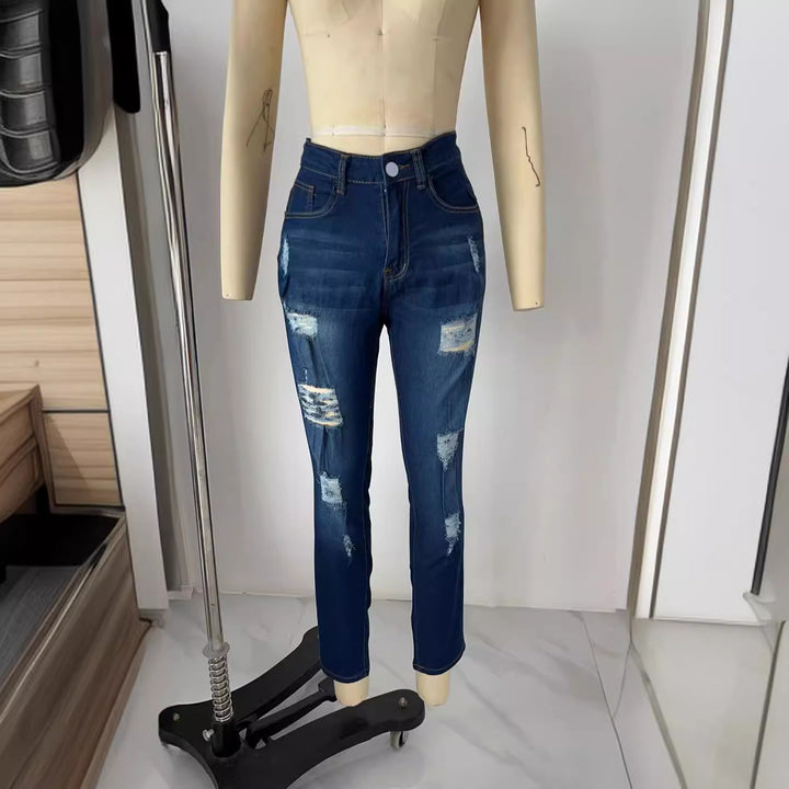 Damen nan hochgeschnittene Skinny-Jeans mit Destroyed-Details und umgeschlagenem Knöchelabschluss Drune