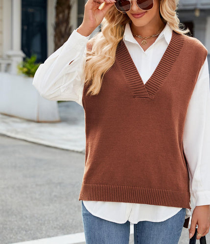 Damen Eleganter Strickpullover ohne Ärmel mit V-Ausschnitt und lässigem Schnitt Drune
