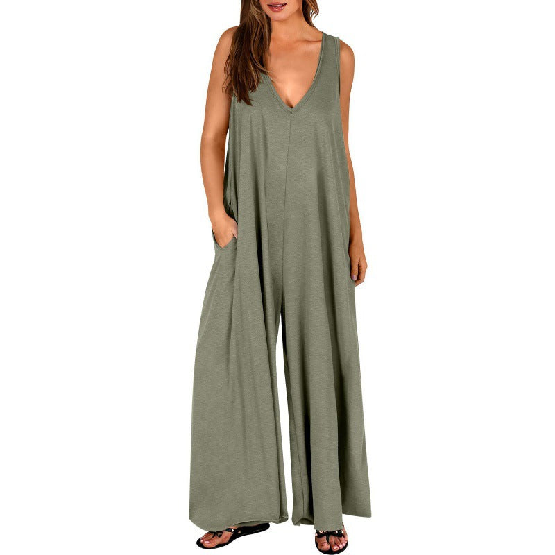 Damen Eleganter, weiter Jumpsuit mit tiefem V-Ausschnitt und praktischen Taschen Drune