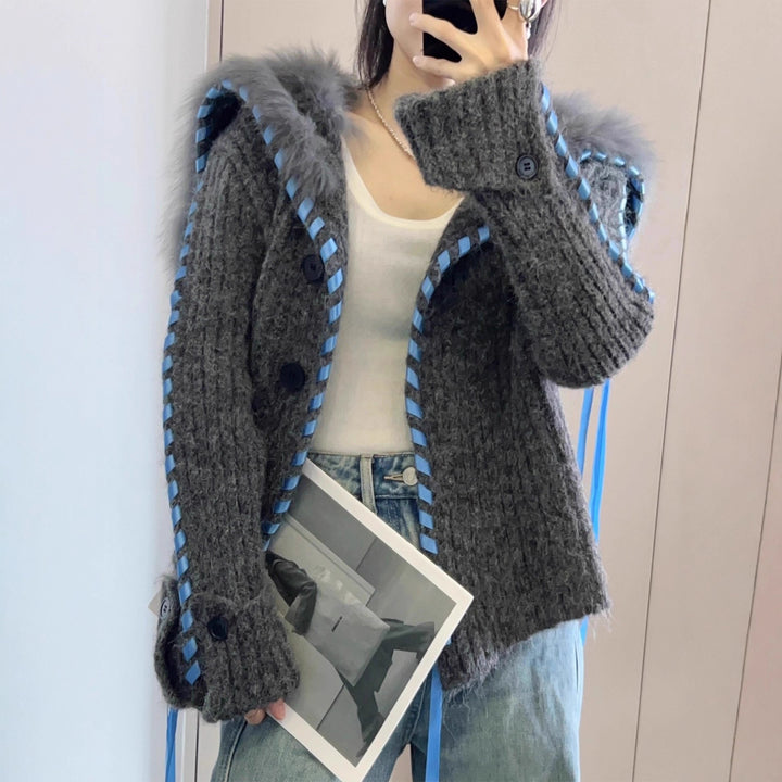 Damen Strickjacke mit Kapuze und dekorativem Kunstfell Drune