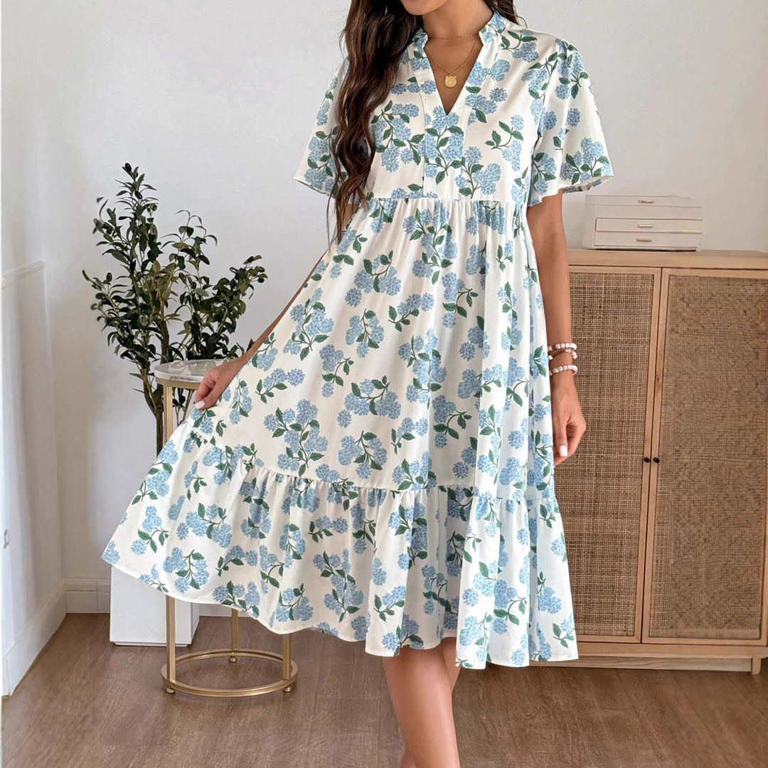 Damen Midikleid mit frischem Blumenmuster und voluminösem Rock Drune