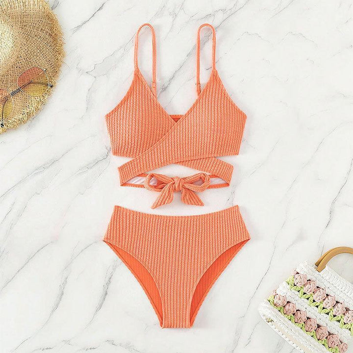 Damen Rippstruktur Bikini-Set mit verstellbaren Trägern und hohem Taillenschnitt Drune