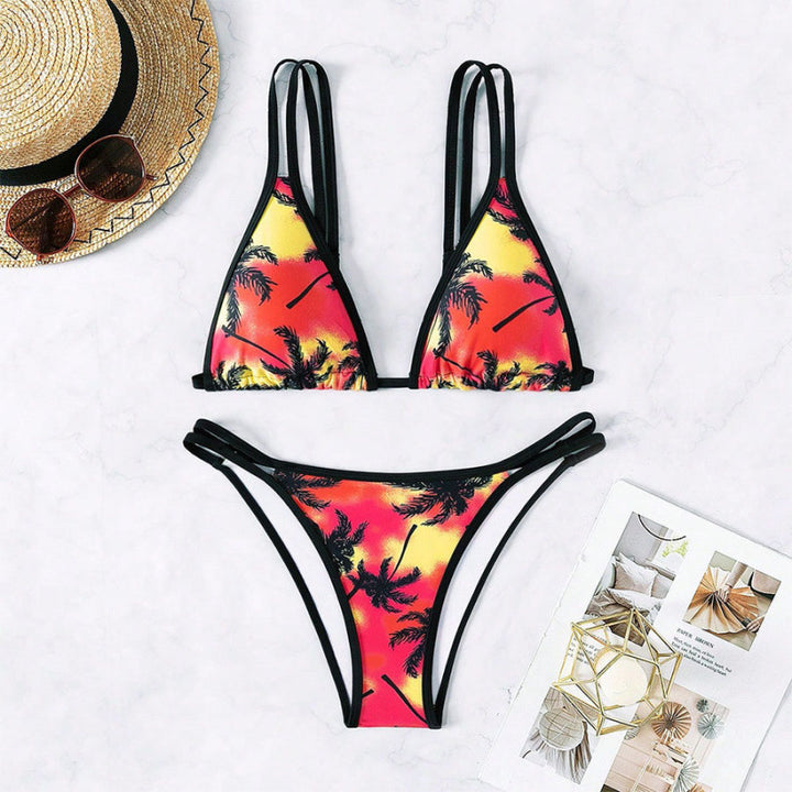 Damen Triangel-Bikini mit doppelten Trägern und trendigem Palmendruck Drune