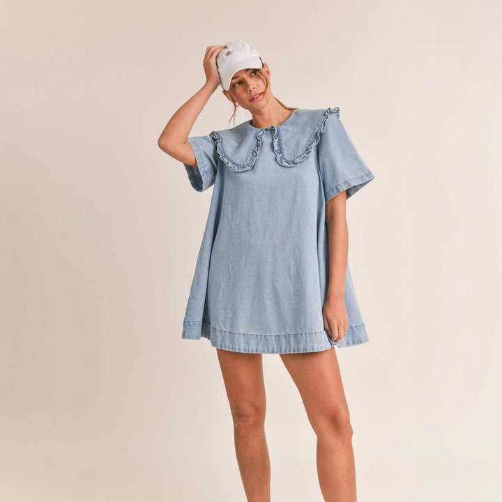 Damen Jeanskleid mit eleganter Rüschenkragenverarbeitung Drune