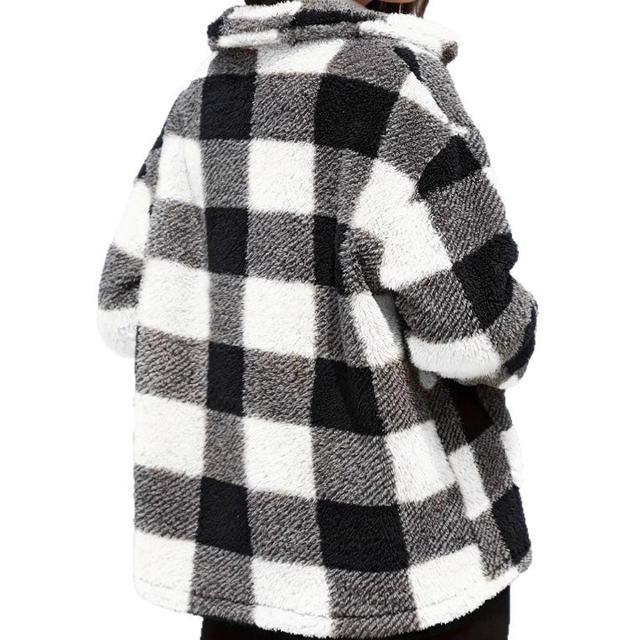 Damen nan gefütterte Karo Teddy-Fleece Shacket mit Knopfleiste und aufgesetzten Taschen Drune