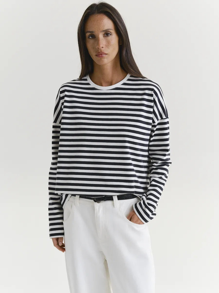 Damen bequemes Streifen-T-Shirt mit langen Ärmeln Drune