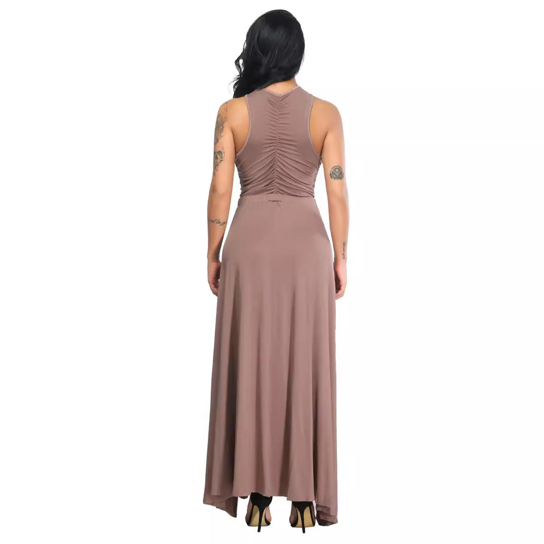 Damen Maxikleid mit Hochgeschlossenem Ausschnitt und Beinschlitz Drune