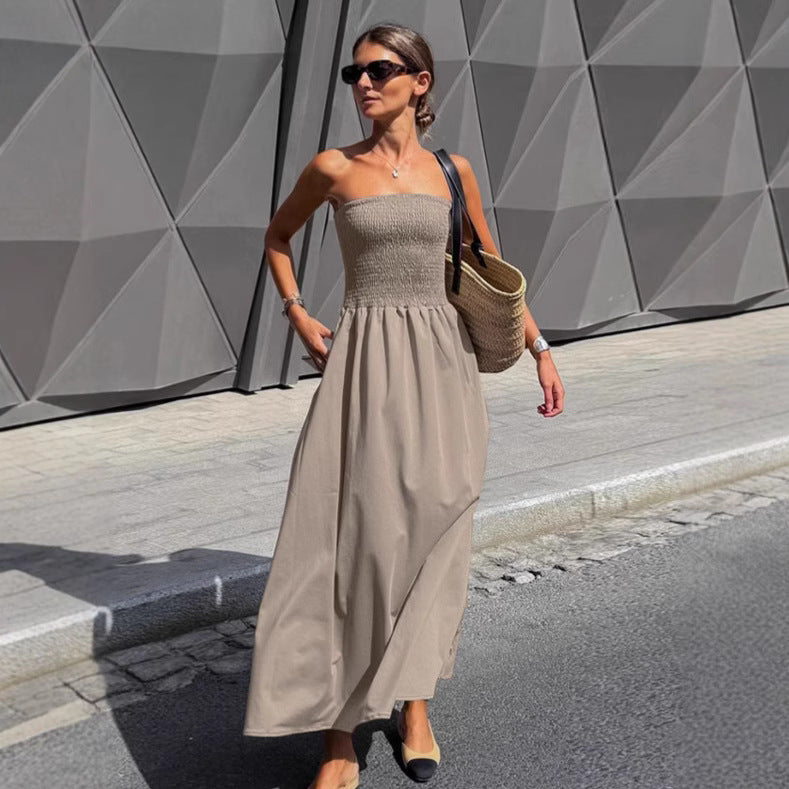 Damen Lange Boho-Strandkleid mit trägerlosem Design und raffiniertem Schnitt Drune
