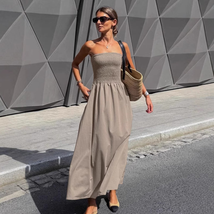 Damen Lange Boho-Strandkleid mit trägerlosem Design und raffiniertem Schnitt Drune