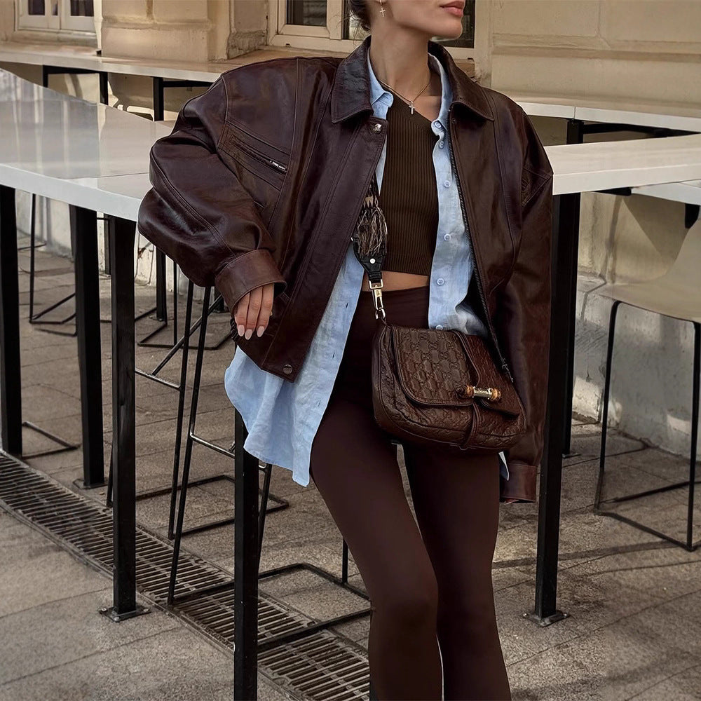 Damen lässige Kunstlederjacke mit oversized Schnitt und praktischen Taschen Drune