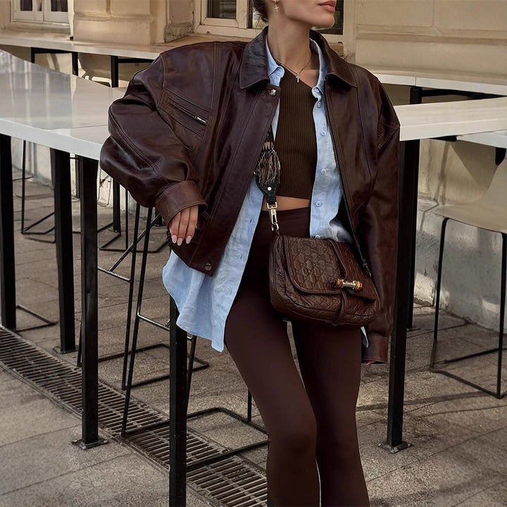 Damen lässige Kunstlederjacke mit oversized Schnitt und praktischen Taschen Drune