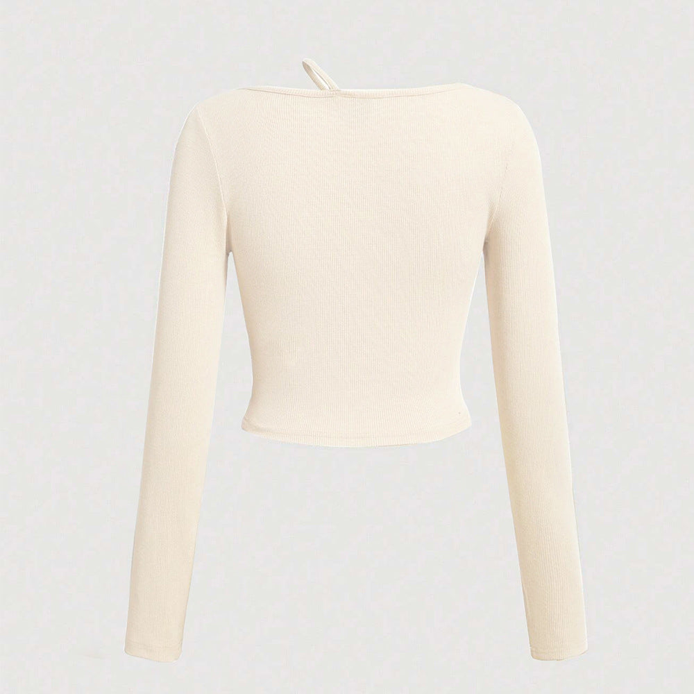 Damen langärmliges Crop-Shirt mit asymmetrischem Ausschnitt und feiner Rippstruktur Drune