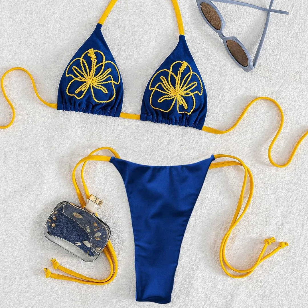 Damen Triangel-Bikini mit floralen Stickereien und verstellbaren Trägern Drune