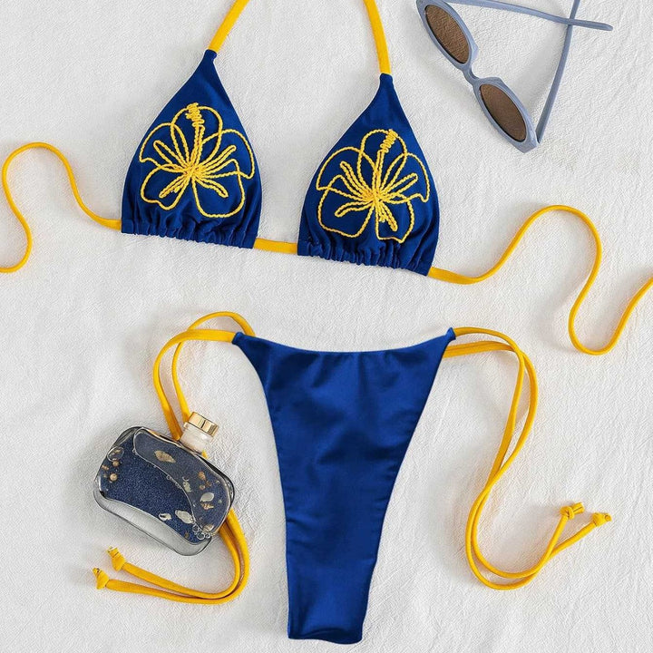 Damen Triangel-Bikini mit floralen Stickereien und verstellbaren Trägern Drune
