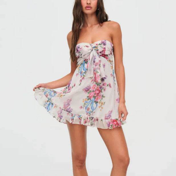 Damen nan trägerloses Chiffon-Sommerkleid mit Blumenmuster Bandeau-Oberteil und Volantbesatz Drune