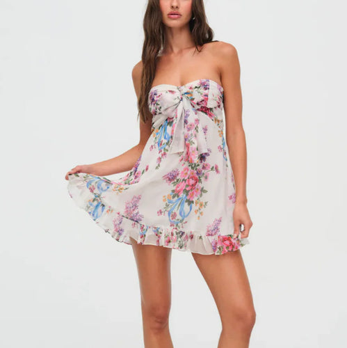 Damen nan trägerloses Chiffon-Sommerkleid mit Blumenmuster Bandeau-Oberteil und Volantbesatz Drune