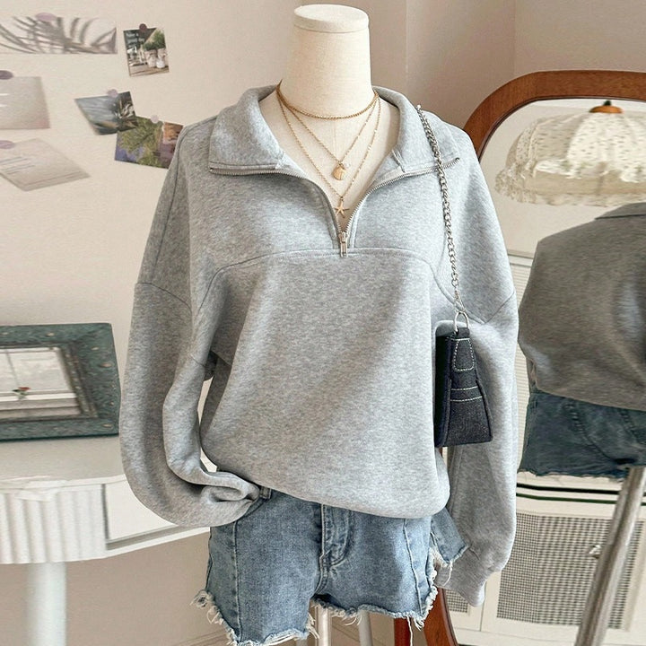 Damen nan Oversize Sweatshirt mit halbem Reißverschluss, Stehkragen und Ballonärmeln Drune