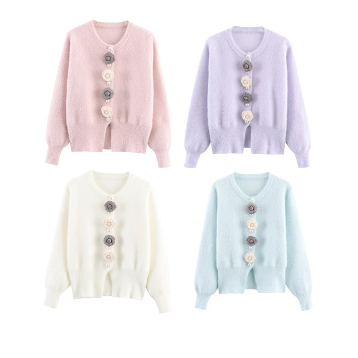 Damen Kuschelige Strickjacke mit stilvollen Blumendetails Drune