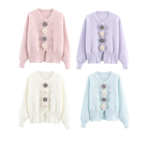 Damen Kuschelige Strickjacke mit stilvollen Blumendetails Drune