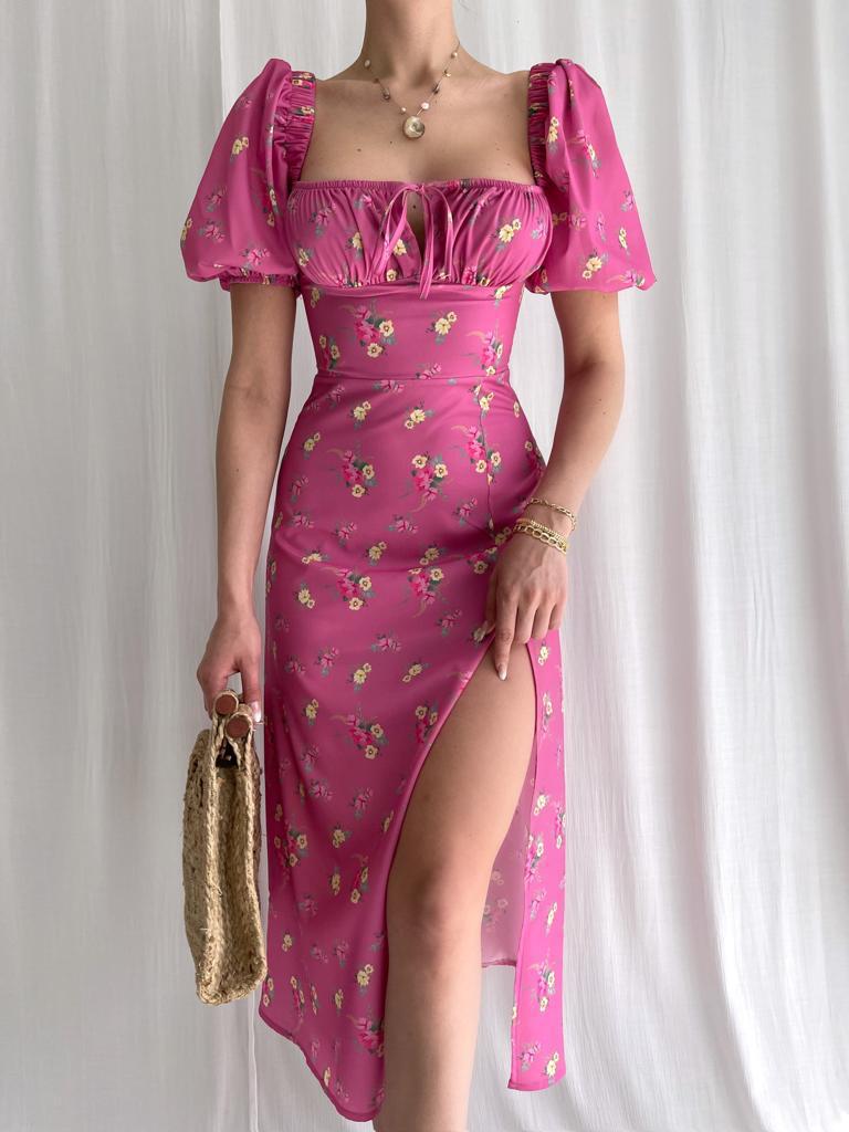 Damen Blütenmuster Maxikleid mit Puffärmeln und hohem Beinschlitz Drune