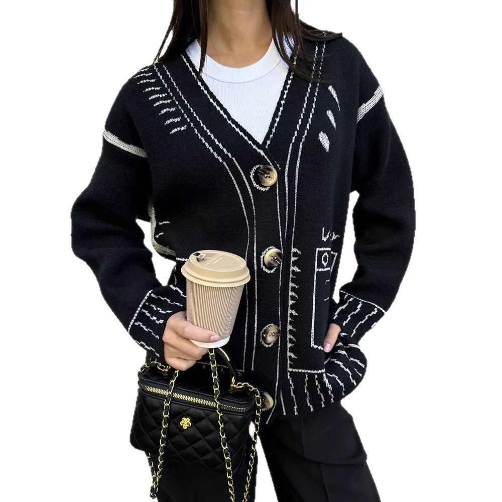 Damen Designer-Strickjacke mit auffälligem geometrischem Muster und großen Knöpfen Drune
