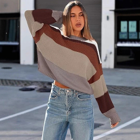 Damen Lockere gestreifte Strickpullover mit lässigem Schnitt Drune
