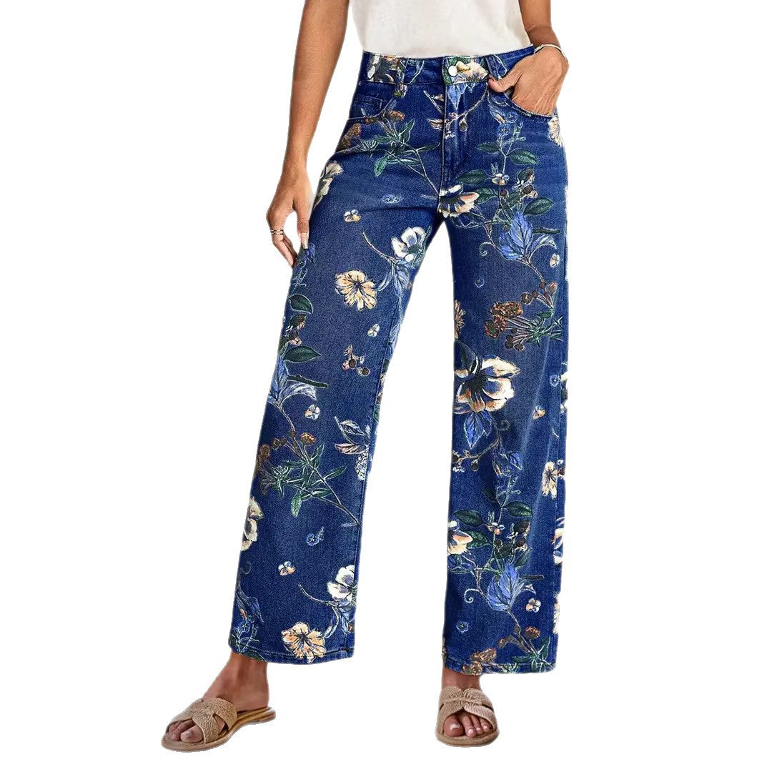 Damen Weit geschnittene Jeans mit floralem Druck und hohem Bund Drune