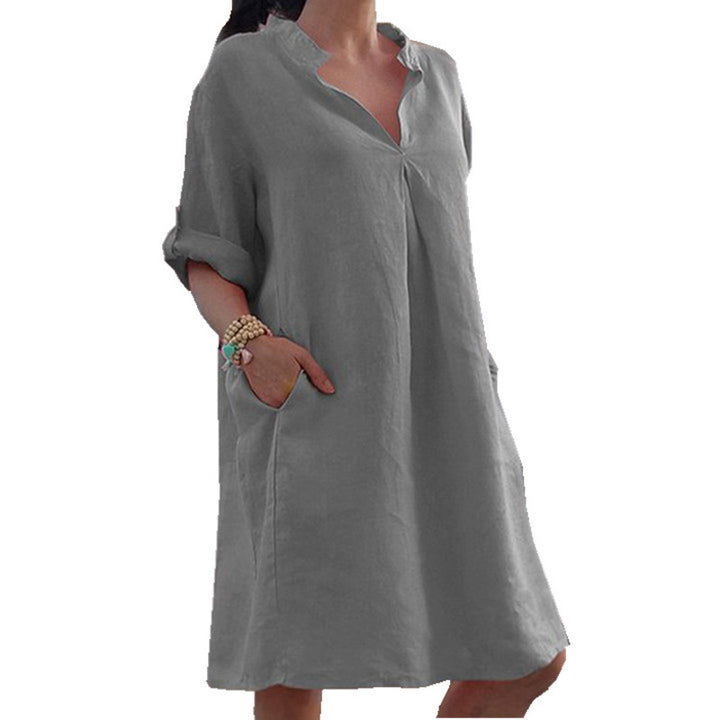 Damen luftiges Leinenkleid mit V-Ausschnitt und praktischen Taschen Drune