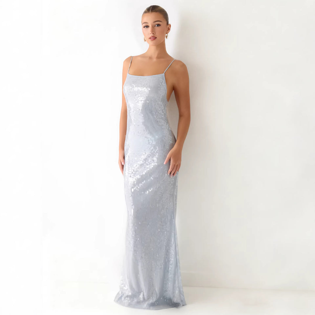 Damen Glamouröses Pailletten-Maxikleid mit schmalem Schnitt und feinen Spaghettiträgern Drune