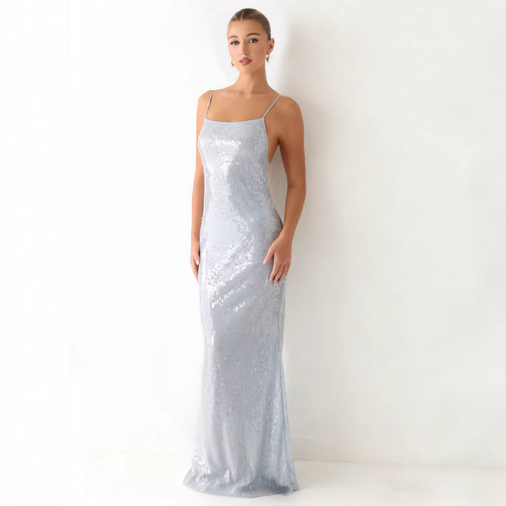 Damen Glamouröses Pailletten-Maxikleid mit schmalem Schnitt und feinen Spaghettiträgern Drune