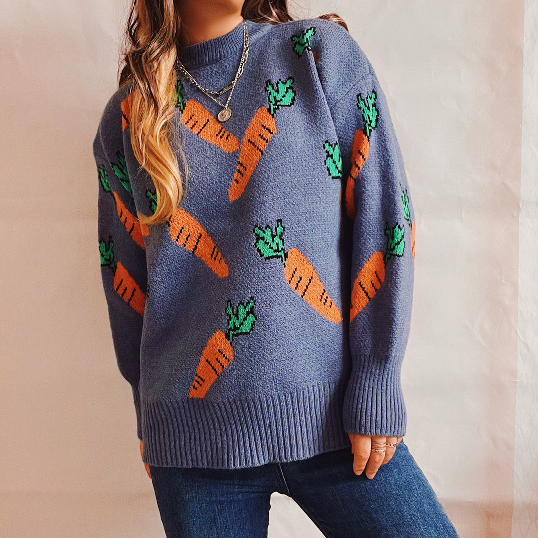 Damen lässiger Pullover mit buntem Karottenmotiv Drune