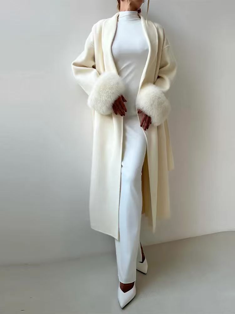 Damen Eleganter Wollmantel mit luxuriösen Pelzärmeln Drune
