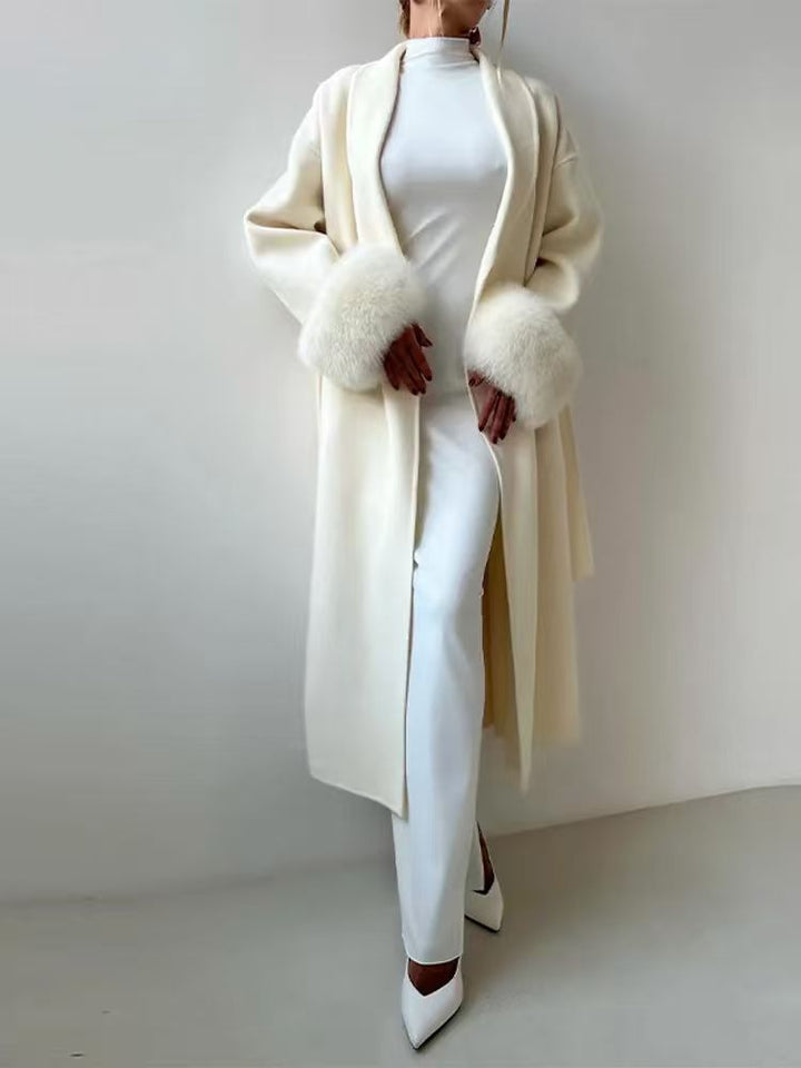 Damen Eleganter Wollmantel mit luxuriösen Pelzärmeln Drune