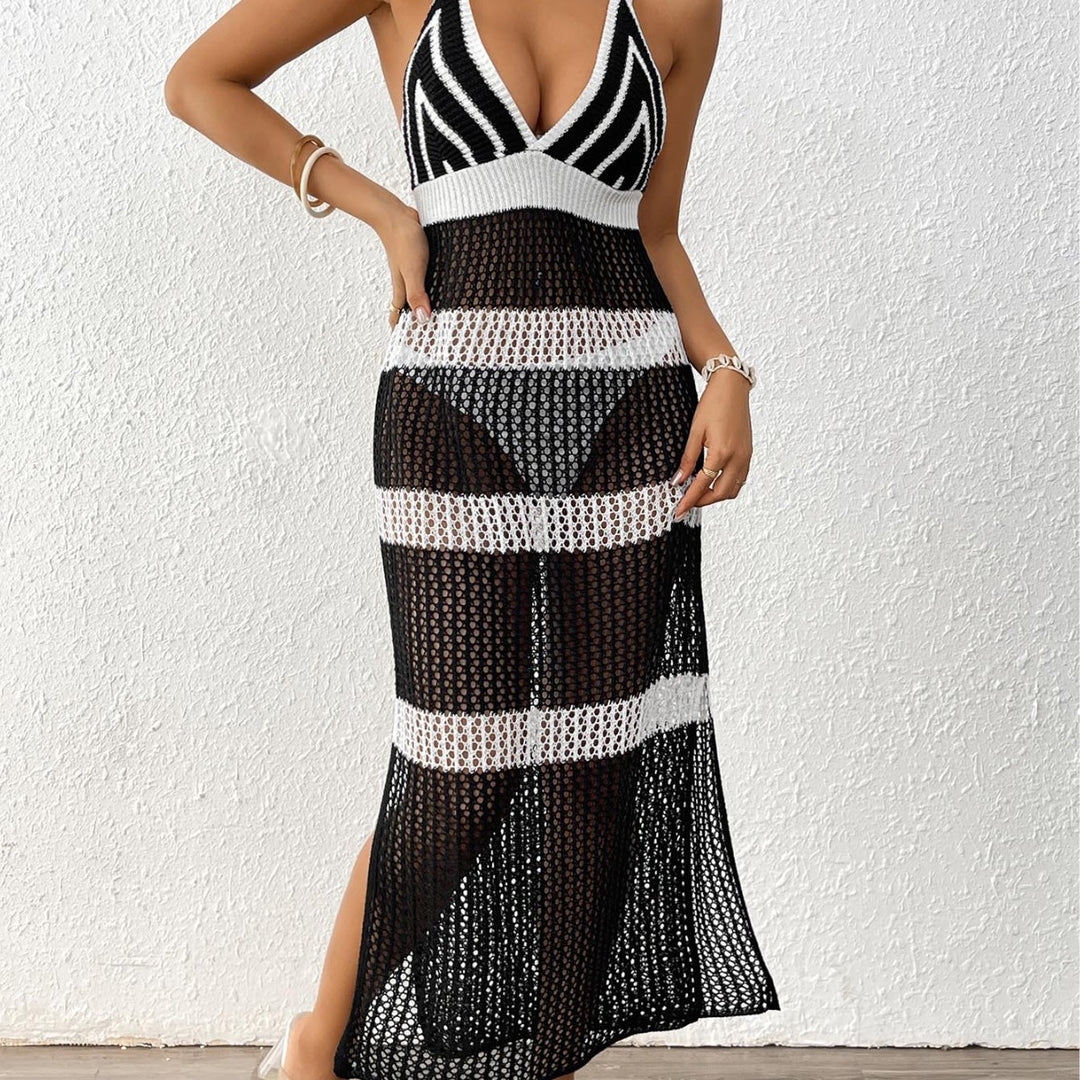 Damen gehäkelter Strandüberwurf mit stilvollem V-Ausschnitt und eleganten Streifendetails Drune