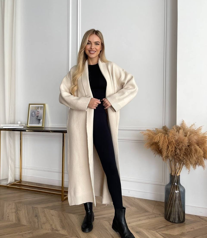 Damen Lange Strickjacke mit tiefem Kragen Drune