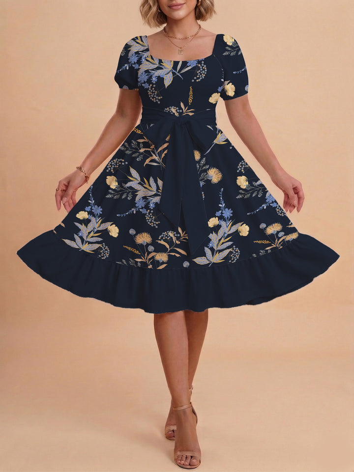 Damen Midi Kleid mit elegantem Blumendruck und tailliertem Gürtel Drune