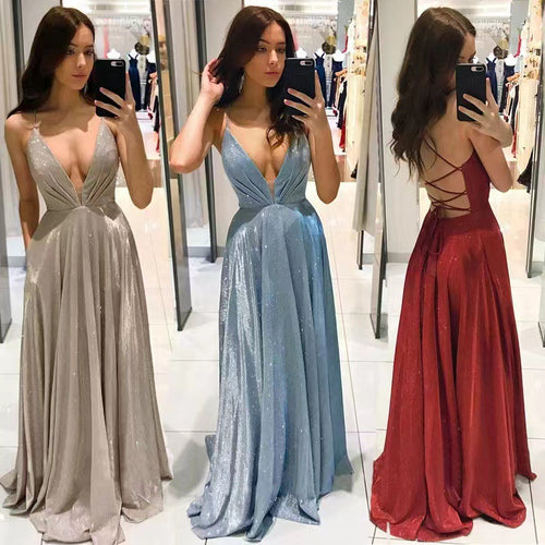 Damen Glamouröses Abendkleid mit tiefem V-Ausschnitt und fließendem Rock Drune