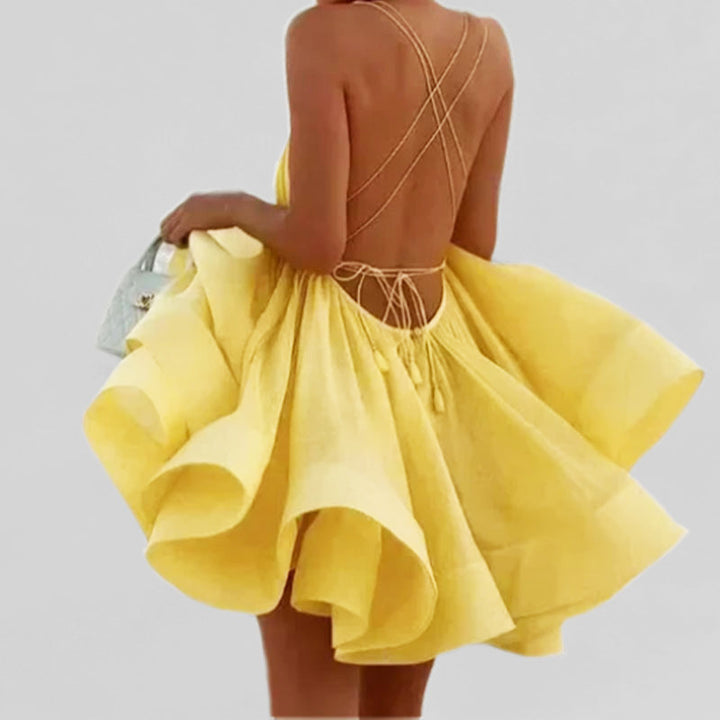 Damen Sommerliches Freizeitkleid mit tiefem V-Ausschnitt und schwingendem Rock Drune