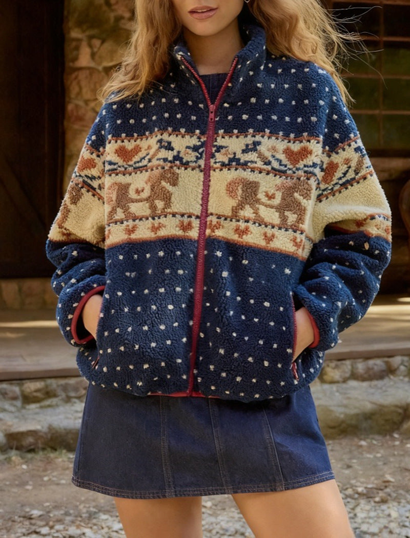 Damen Fleecejacke mit tierischem Muster und hoher Kragen Drune